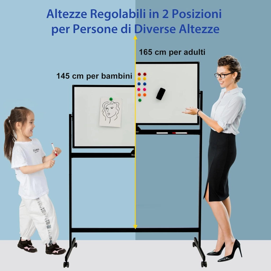 Lavagna Bianca Magnetica Doppia, Design Regolabile in Altezza con Ruote Bloccabili, 6 Pennarelli, 12 Calamite e 1 Cancellino, Ideale per Casa Ufficio e Scuola, 126 x 59 x 145/165 cm (Nero)