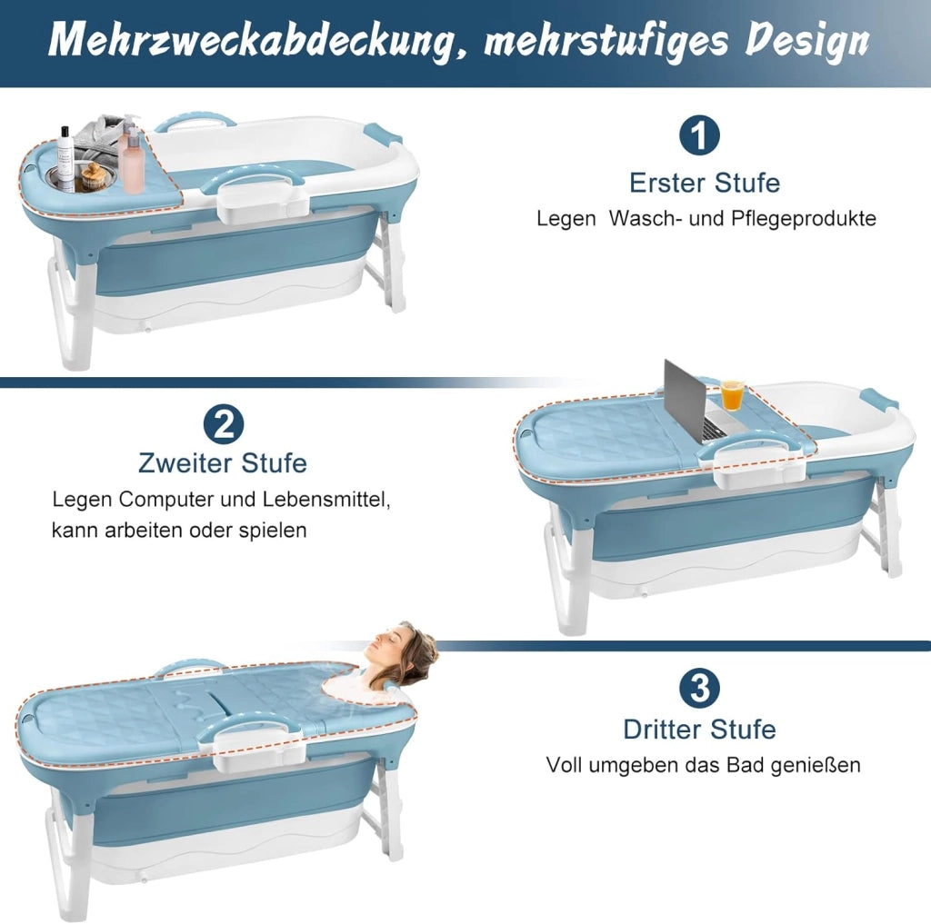 Vasca da bagno pieghevole per adulti, 118 x 60 x 53 cm, con copertura e cestino, mobile pieghevole, autoportante per bagno, doccia e balcone, blu