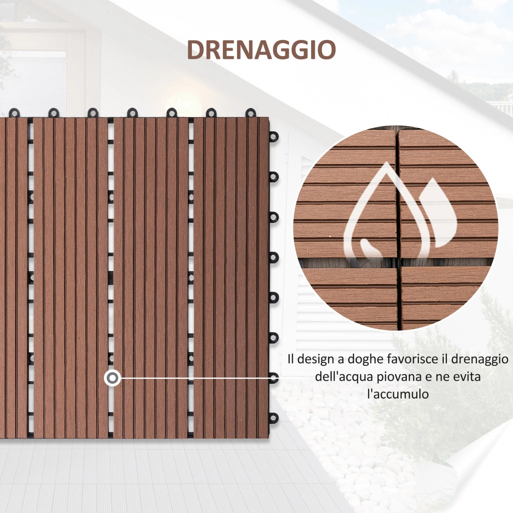 Set 11 Piastrelle per Esterni ad Incastro Antiscivolo in HDPE Riciclato, 30x30x2.2 cm, Marrone