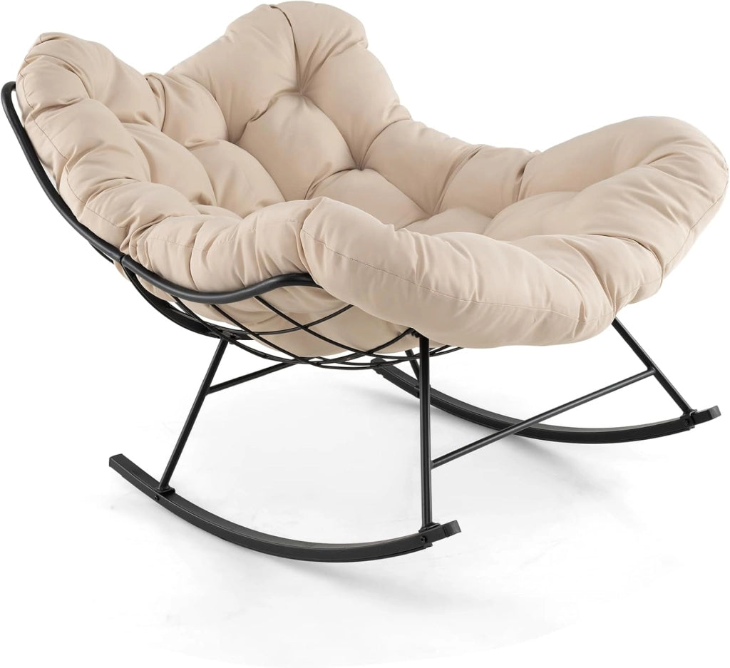 Sedia a Dondolo, Poltrona Relax Ergonomica, Poltrona Sovradimensionato con Cuscino Imbottito, Sedia a Uovo con Struttura Metallica, per Soggiorno Portico Giardino, Portata 205 kg (Beige)