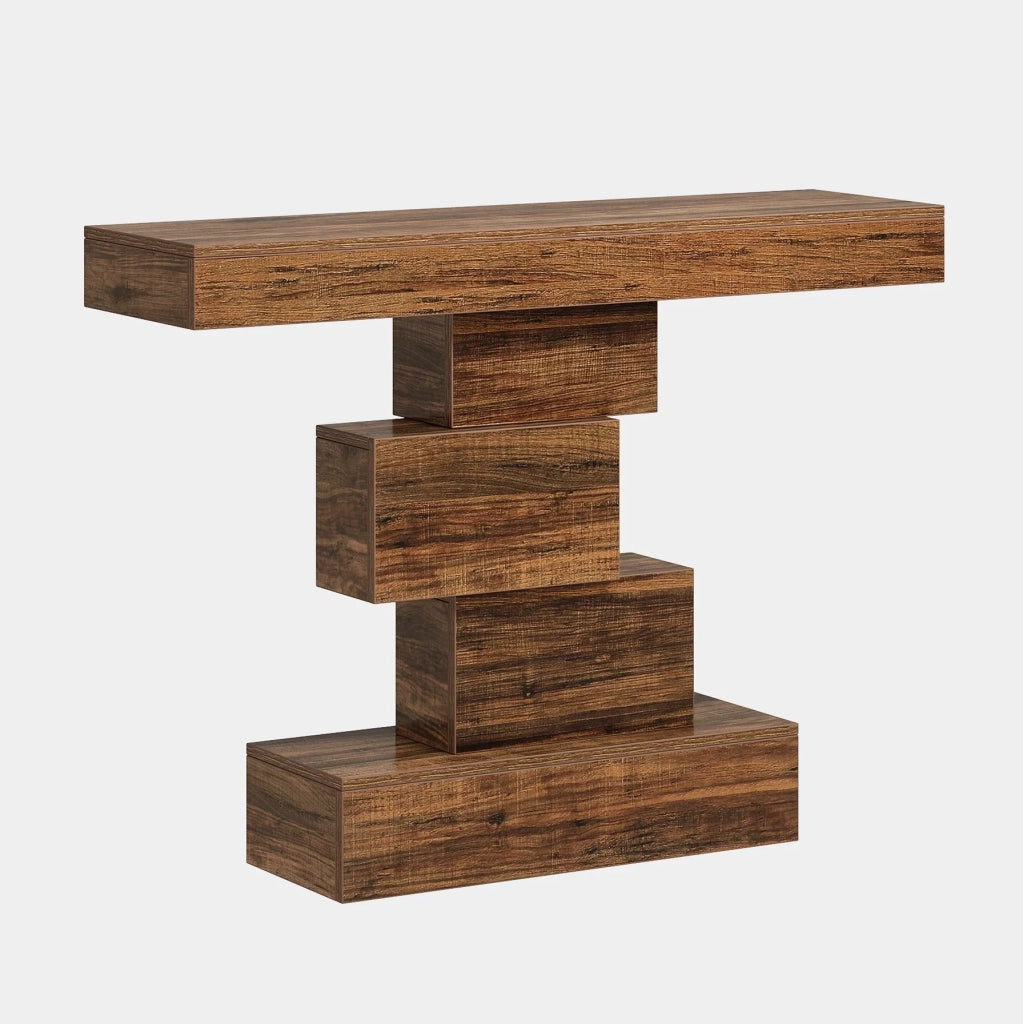 Tavolino consolle rustico con base geometrica e design funzionale