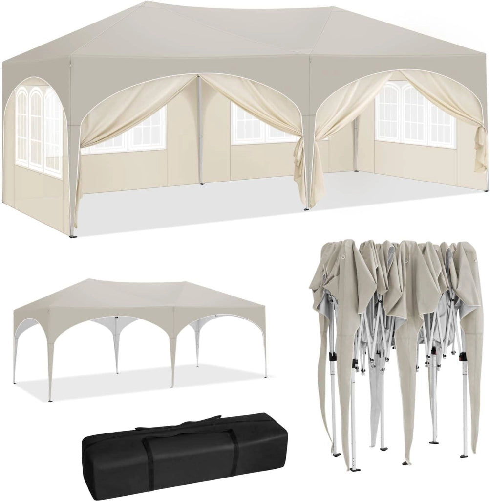 Gazebo pieghevole 3x6 m con 6 pareti laterali, altezza regolabile, tessuto Oxford 210D, beige