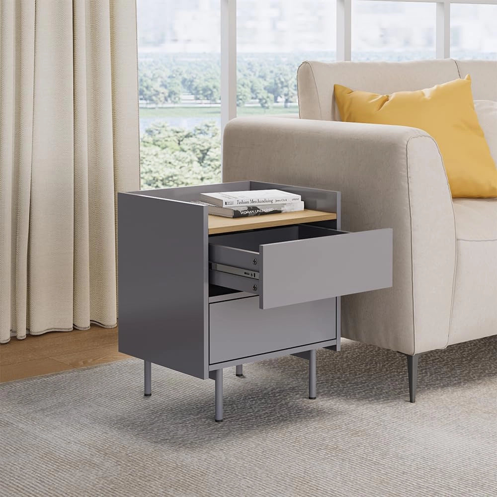 Comodino camera da letto Velina, Grigio/quercia, 48 x 58 cm con 2 cassetti