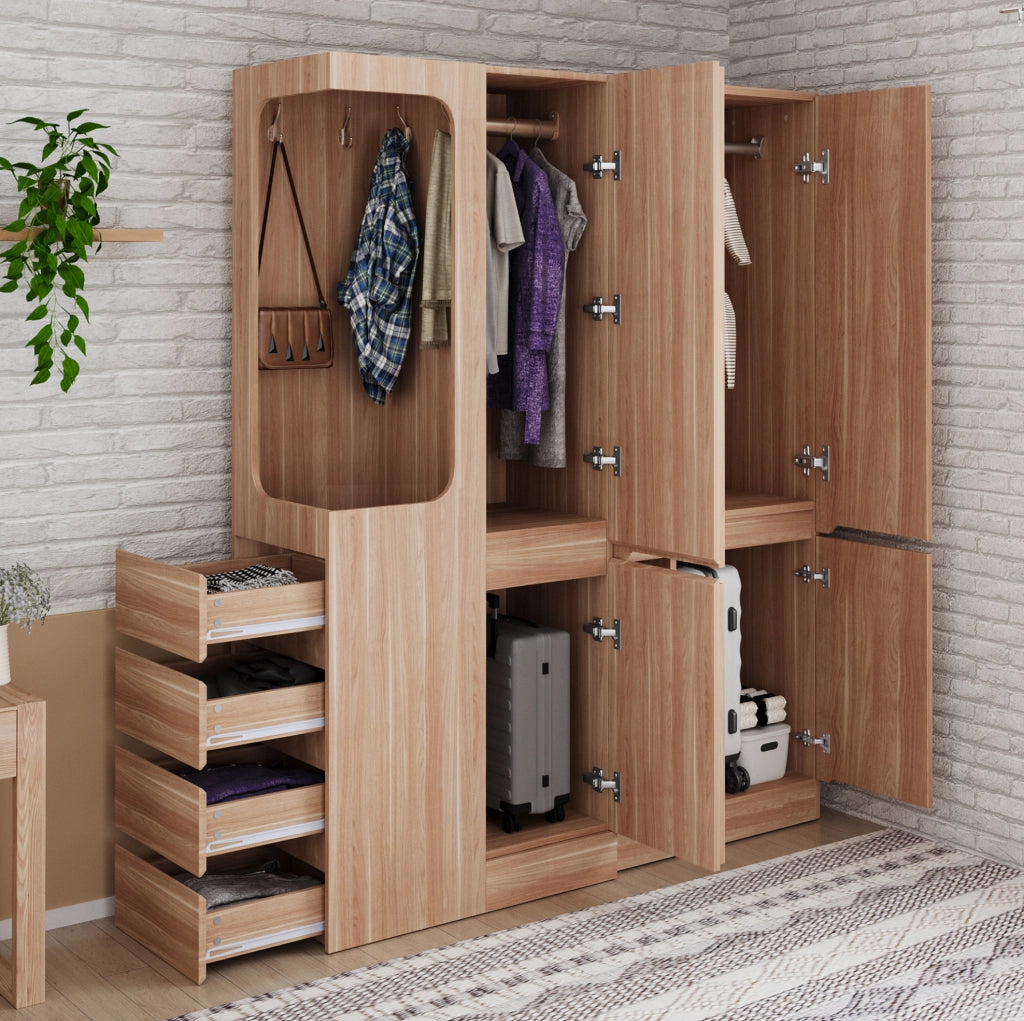 Armadio guardaroba 140 x 40 x 170 cm in legno naturale; con cassetti e scomparti