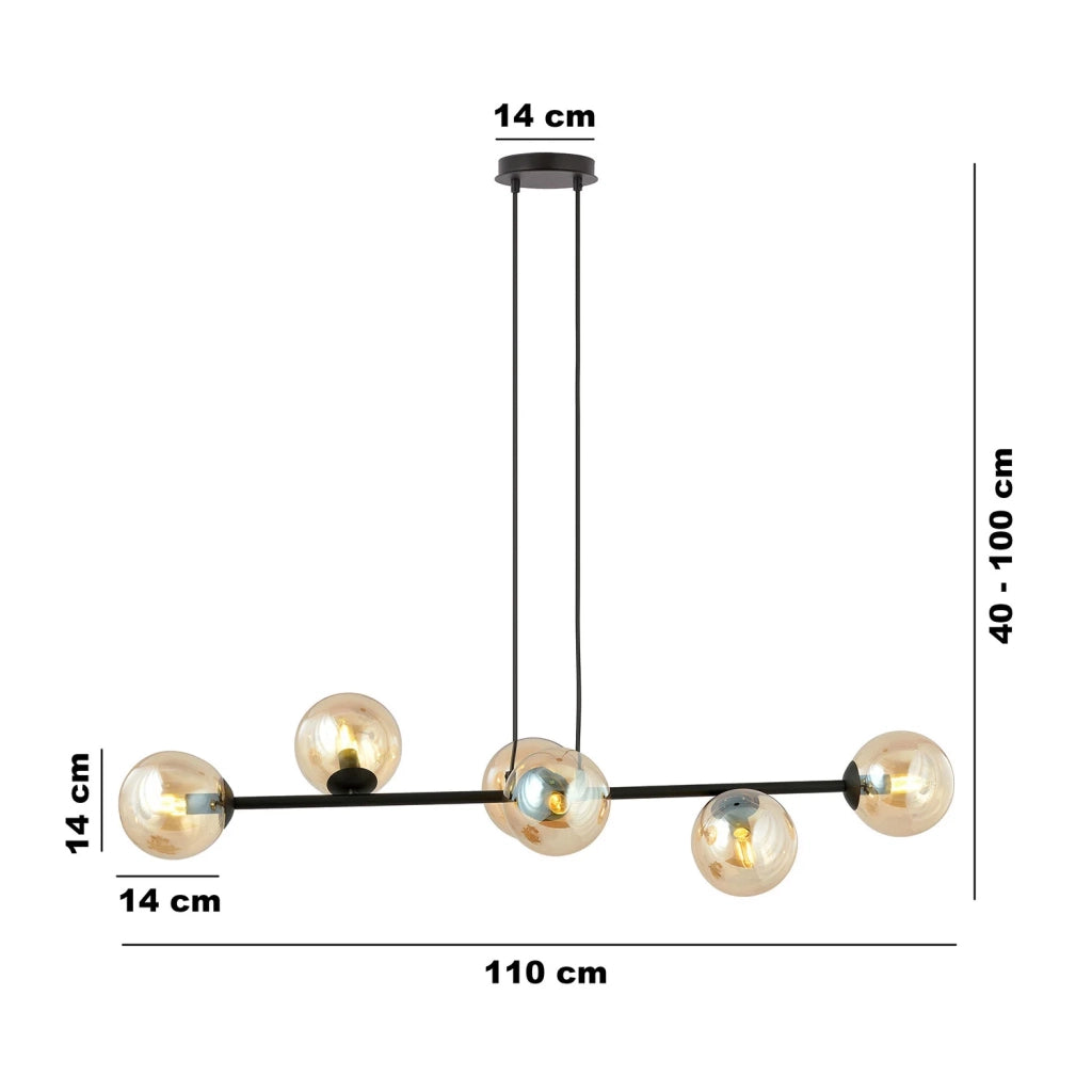 Lampadario Contemporaneo 6 Luci Durga In Acciaio Nero E Sfere In Vetro Ambra