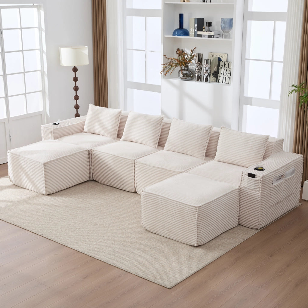 DIVANO modulare 4 posti 330x162x75 cm in corduroy beige con 2 sgabelli