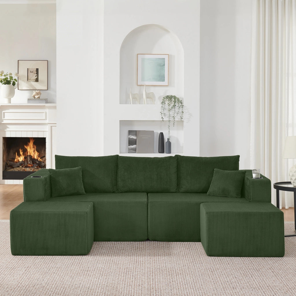 Divano angolare modulare 3 posti con pouf mobili portabicchieri tasche laterali e cuscini in velluto a coste verde