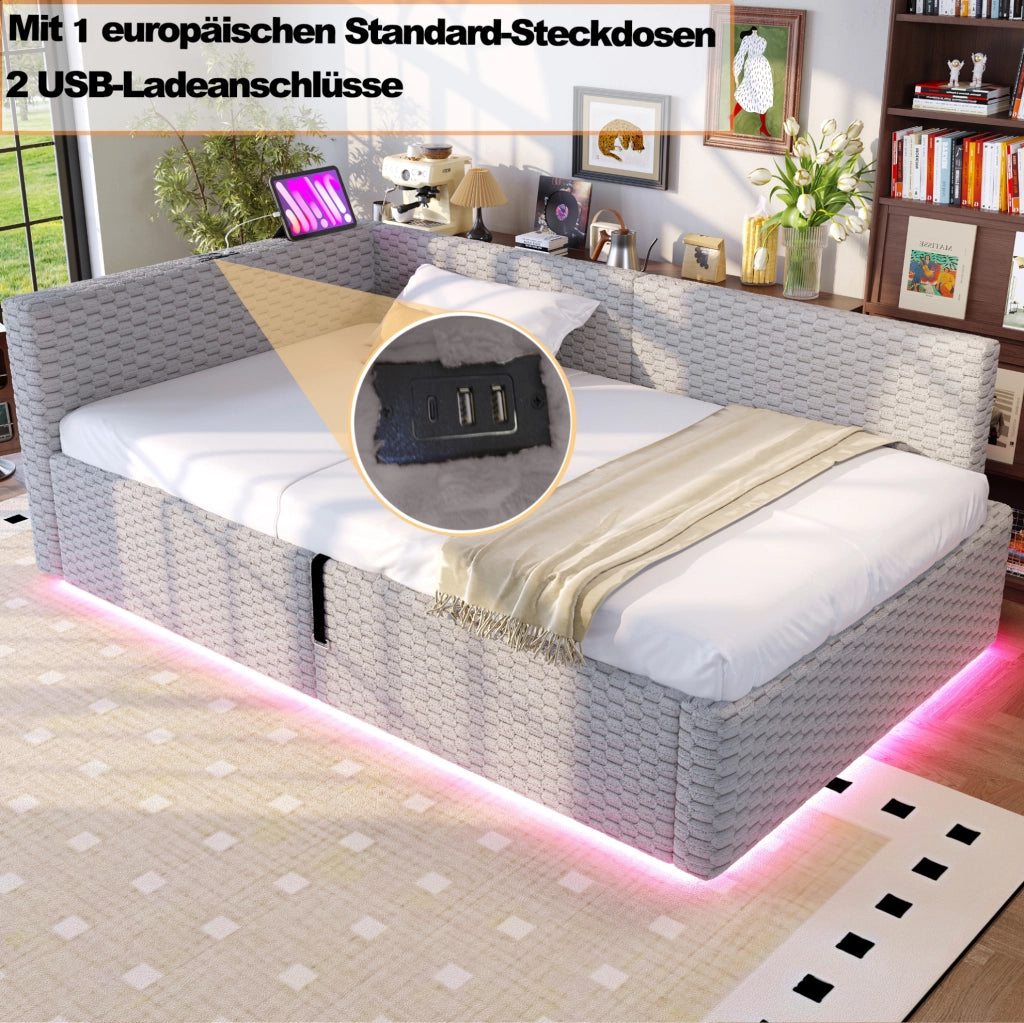 Letto imbottito 90x200 cm con LED, USB-C e vano contenitore grigio