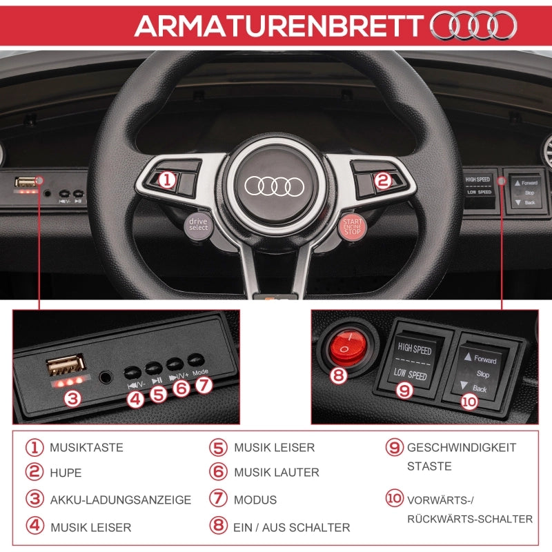 Auto elettrica Audi per bambini, con telecomando 2.4G, musica, clacson, LED, USB, per bambini dai 3 ai 5 anni, nera.