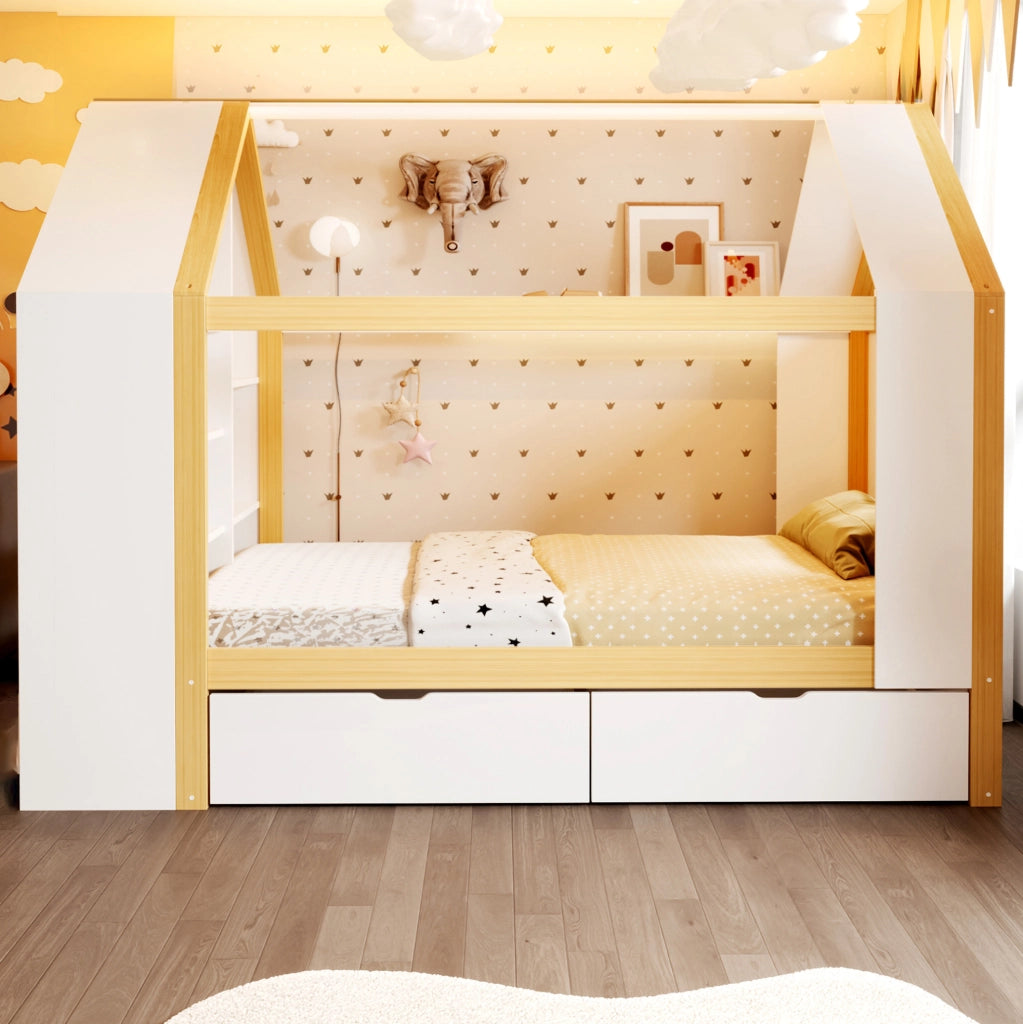 Letto bambini a forma di casa 90x200 cm con LED; 2 cassetti; in legno massello e MDF; bianco e naturale