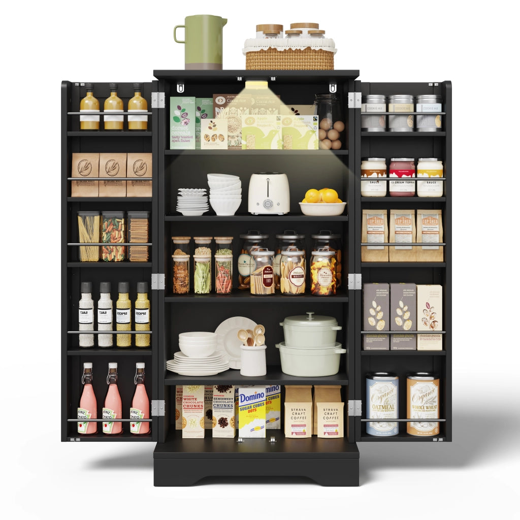 Armadio da cucina moderno 120x60x40 cm in MDF, mobile freestanding con LED sensor e ripiani regolabili, nero