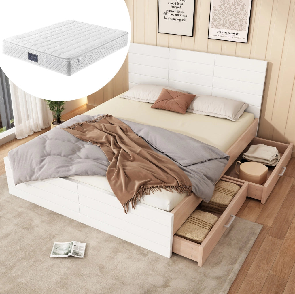 Letto matrimoniale 140x200 cm con 2 cassetti; rete a doghe e materasso; bianco rovere