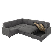 Divano letto angolare a U in velluto a coste grigio con chaise longue contenitore