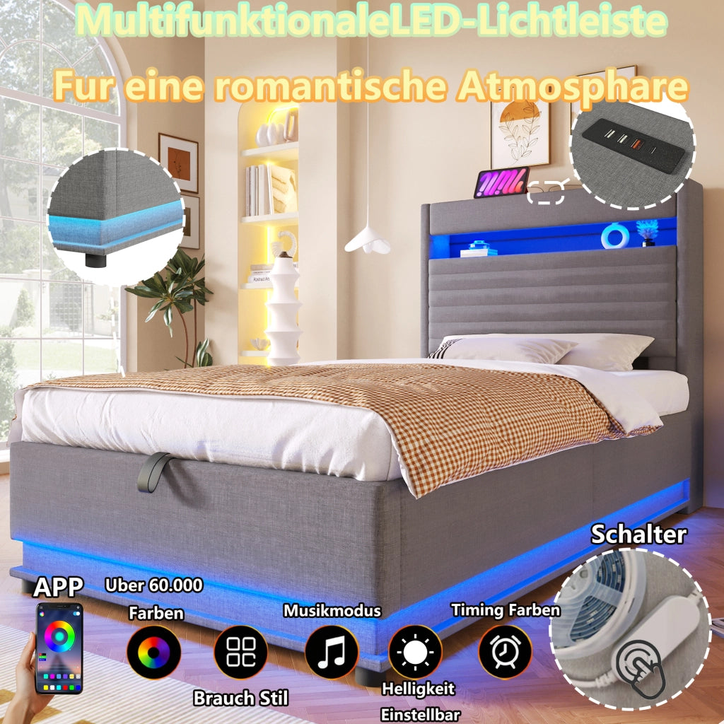 DESMIU Lit con contenitore 140 × 200 cm 2 posti con USB, Type-C, LED regolabile e senza materasso, in lino, grigio
