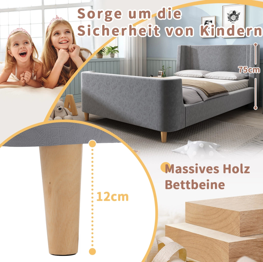 Letto singolo a slitta con motivo spaziale; 90x200 cm; in velluto grigio