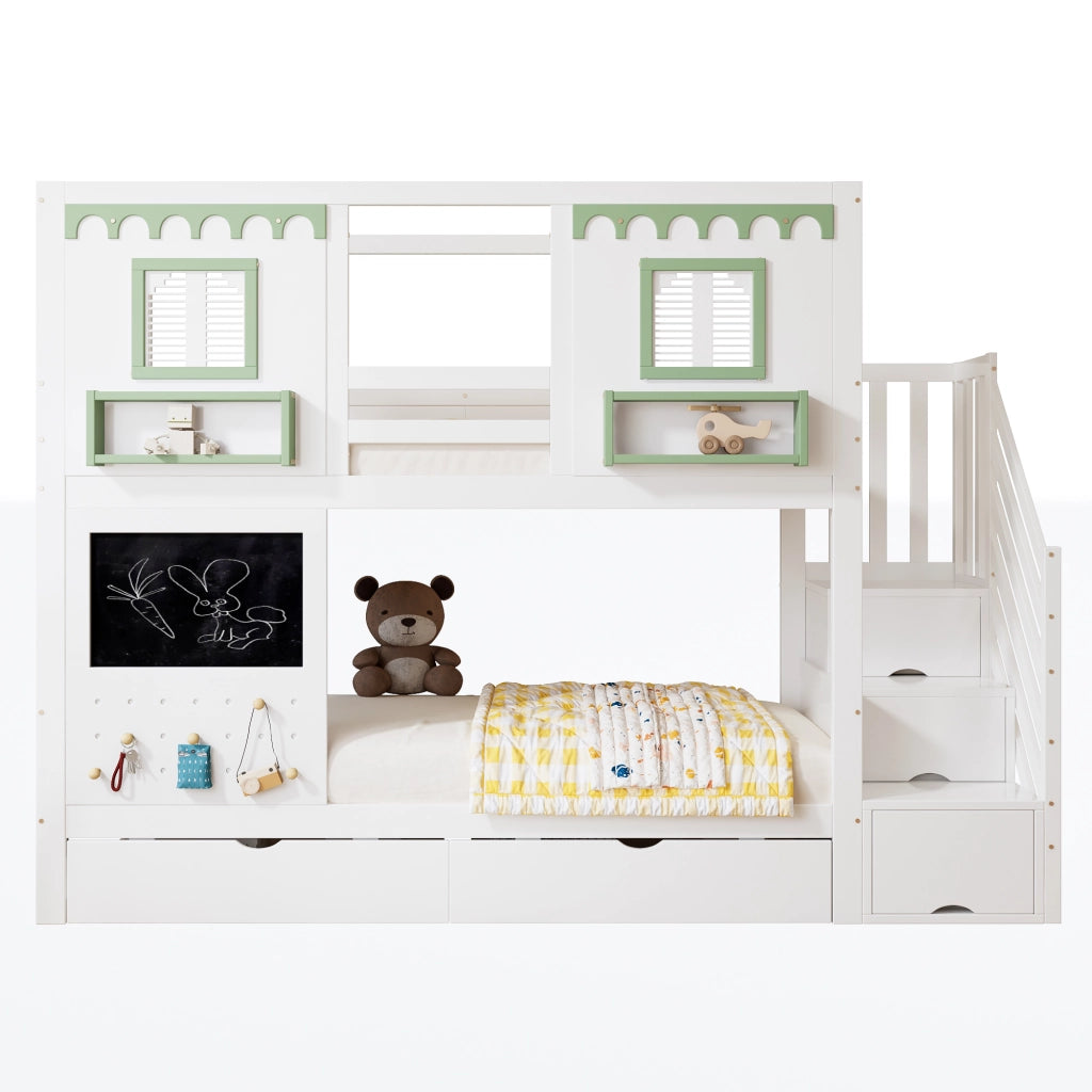 Letto a Castello 90x200 cm - Armadio a Gradini; 2 Cassetti e Ganci - Bianco e Verde