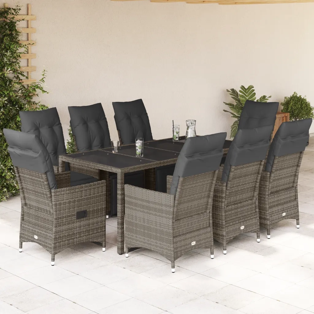 Set BistrÃ² da Giardino 9 pz con Cuscini in Polyrattan Grigio