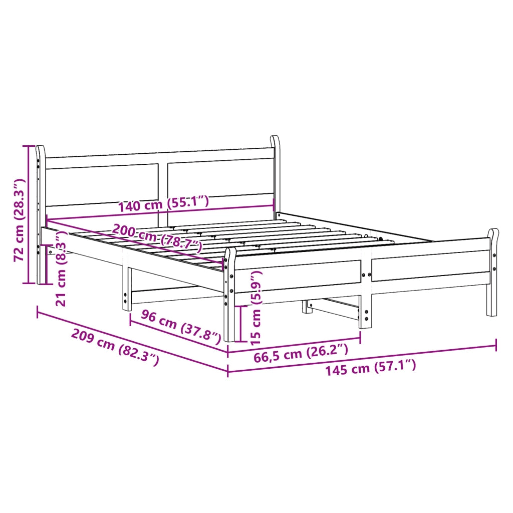 Letto matrimoniale | Letto per adulti | Letto senza Materasso 140x200 cm in Legno Massello di Pino