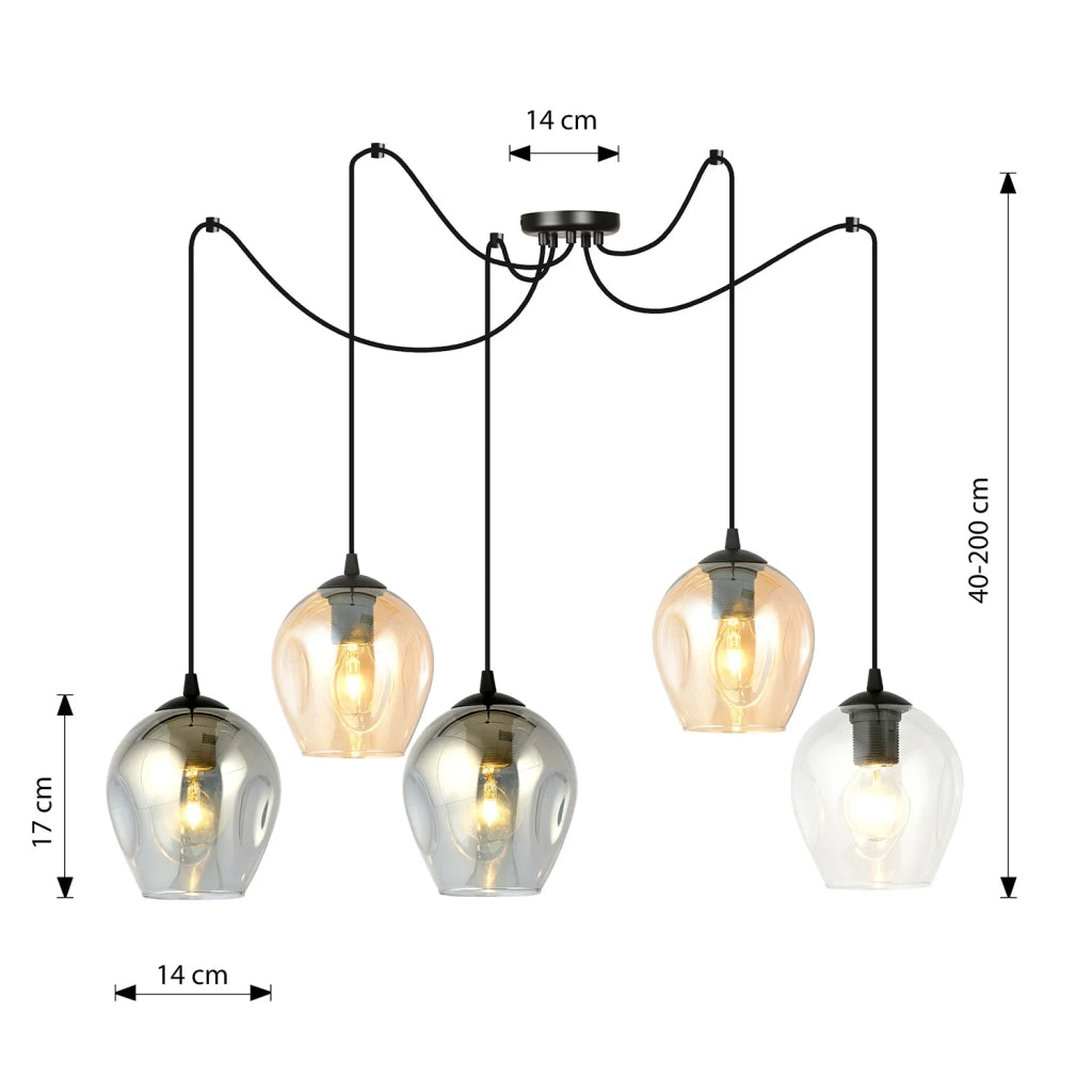 Sospensione 5 Luci Parsifal In Acciaio Nero E Vetro Multicolor Con Cavi Lunghi