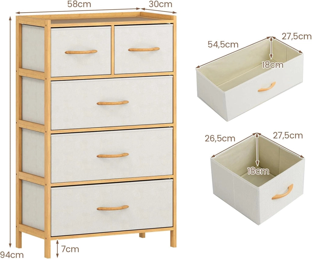 Cassettiera con 5 cassetti pieghevoli in tessuto, armadio con cassetti e telaio in bambù, armadio portaoggetti in tessuto, organizer per soggiorno, 58 x 30 x 94 cm