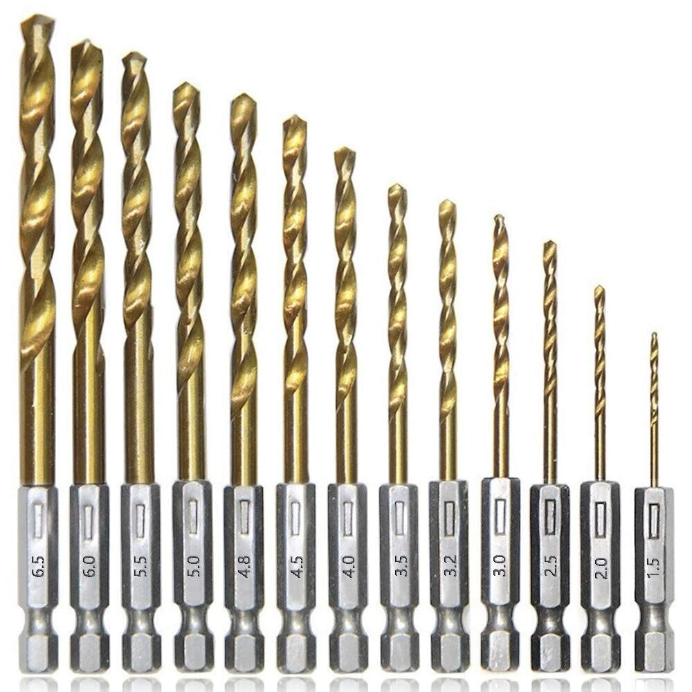 SET 13 PUNTE DA TRAPANO IN ACCIAIO HSS TITANIO METALLO ATTACCO ESAGONALE 501005