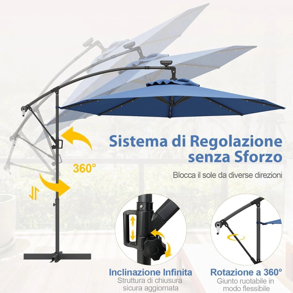 Ombrellone da giardino 300 cm con 32 luci led per piscina e altri spazi esteriori-Ombrellone girevole con inclinazione regolabile esteriori  Blu