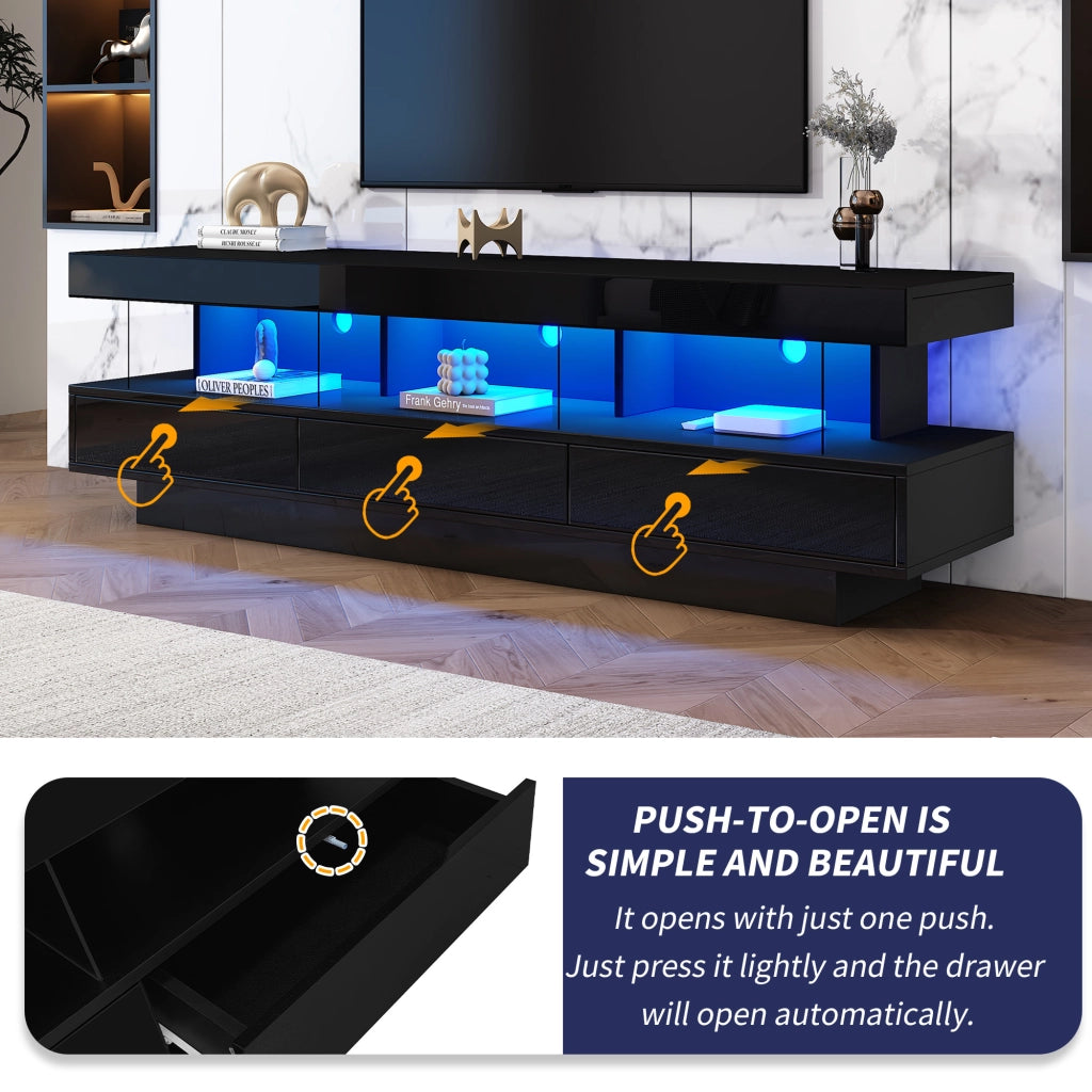 Mobile porta TV con 3 vani in vetro, LED con controllo Bluetooth, per soggiorno, nero lucido, 160 × 38 × 50,5 cm