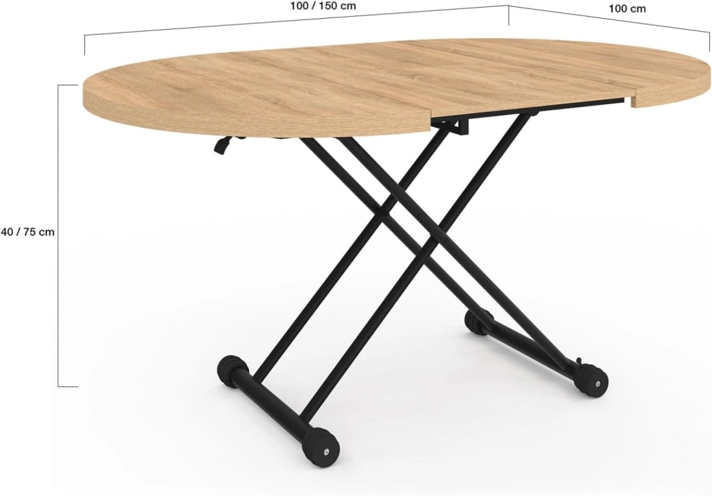 Tavolino allungabile a un tavolo da pranzo rotondo ALTURA piano in effetto faggio base nero design industriale