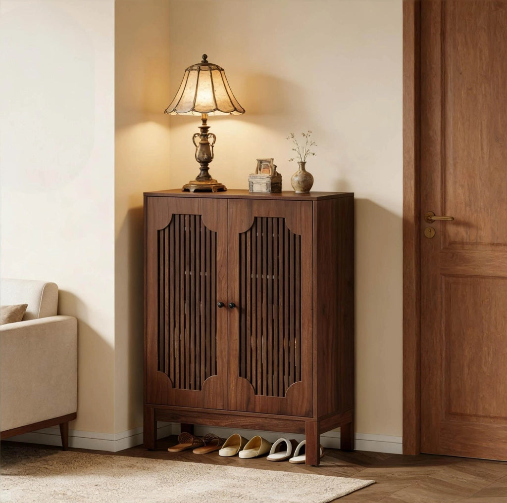 Scarpiera alta in MDF marrone rustico con 4 ripiani regolabili