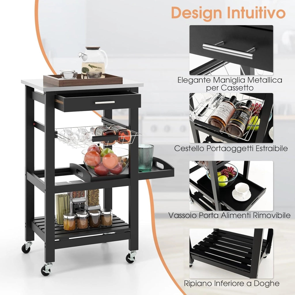 Carrello da Cucina a 4 Livelli, Isola da Cucina con Piano in Acciaio Inox, Cestino in Rete e Vassoio di Servizio Rimovibile, Carrello Bar per Cucina e Sala da Pranzo, 47x39x85 cm (Nero)
