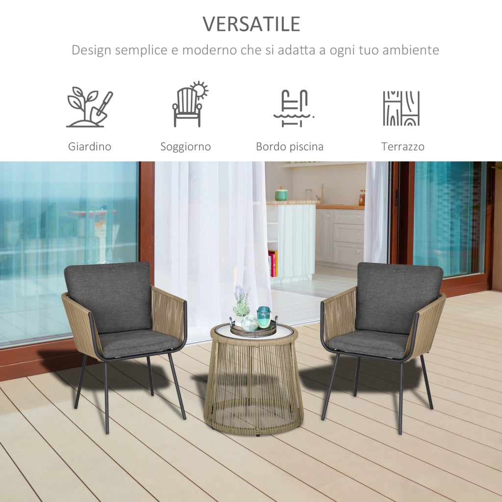 Set Poltroncine con Tavolino da Esterno ¨C Xylo ¨C Rattan PE Grigio Cachi Stile Boho