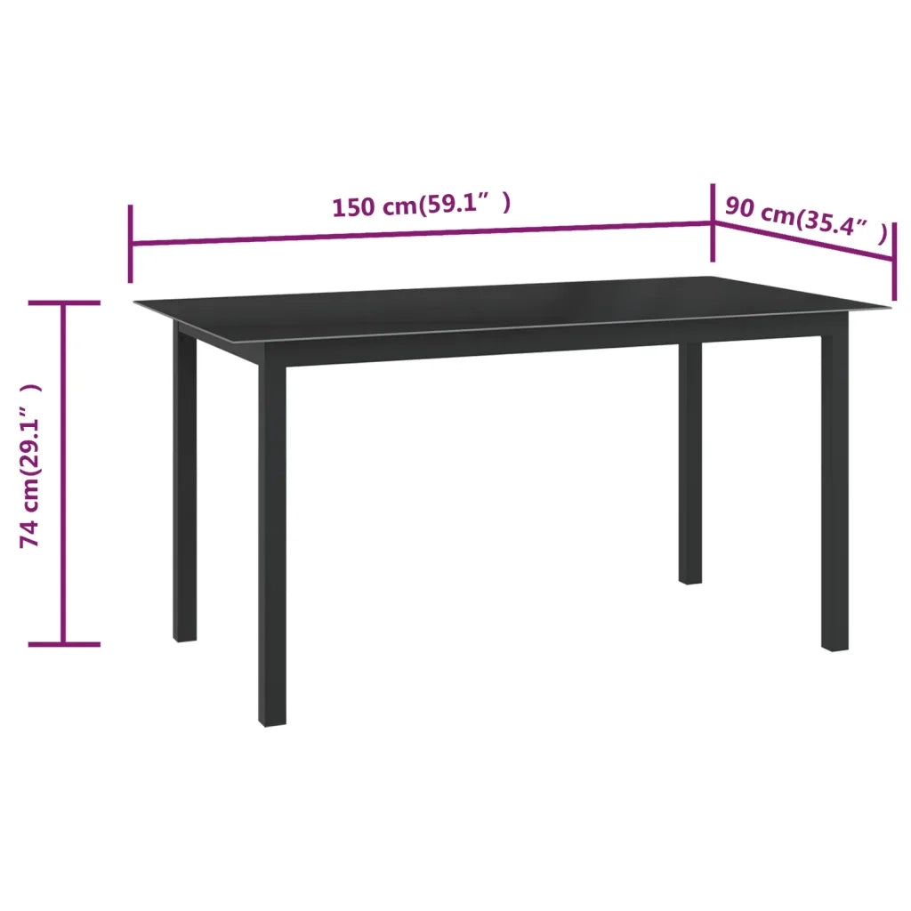 Tavolo da Giardino Nero 150x90x74cm in Alluminio e Vetro 312201