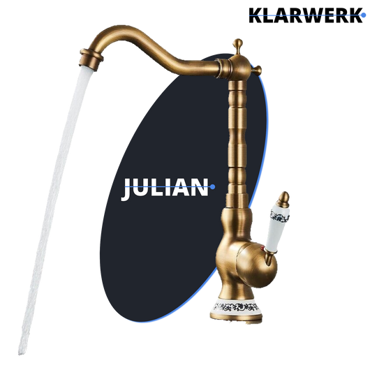 JULIAN | Rubinetto da cucina vintage premium in ottone dorato |Rubinetto miscelatore retrò in acciaio inox da cucina Gastro | 2 porte ruotabili a 360°