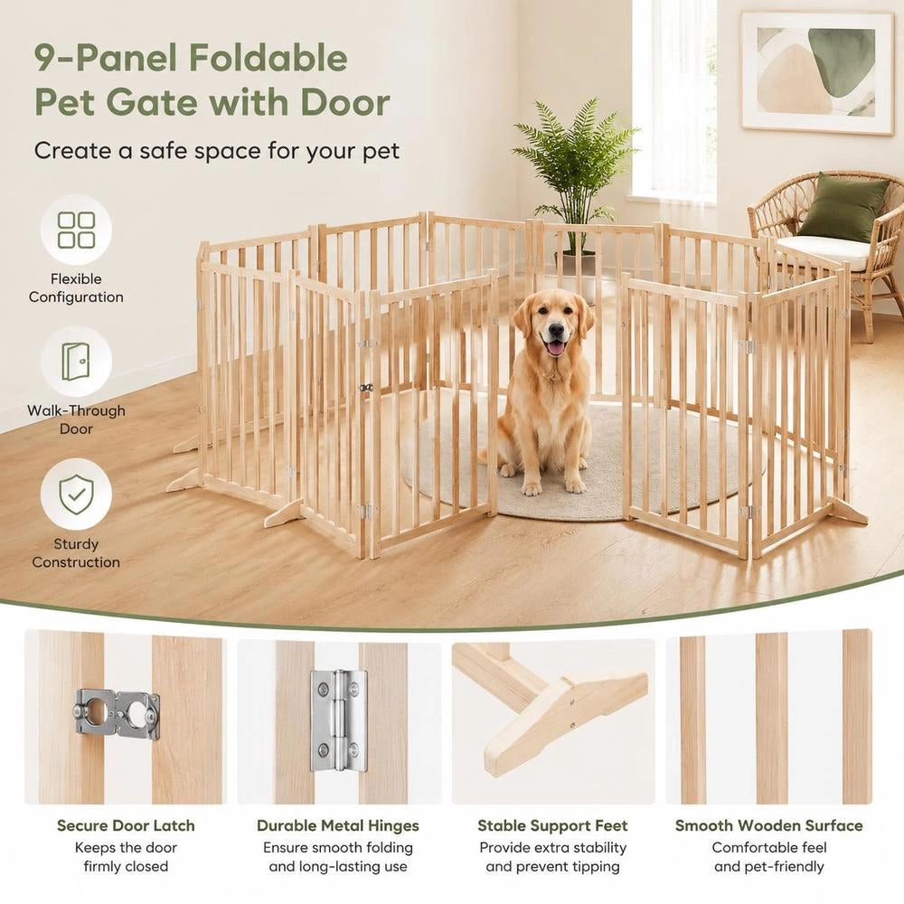 9-piece Dog Gate With Door, Foldable, 450 Cm, Poplar Wood
