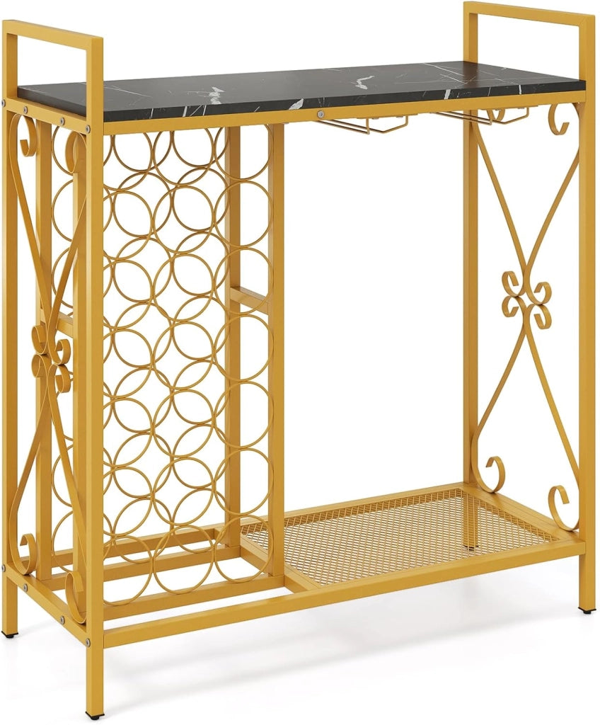 Portabottiglie per vino con mensola per 21 bottiglie e portabicchieri, piano ampio e ripiano inferiore, 93 x 38 x 102 cm, mobile ausiliario per bar, cantina, sala da pranzo (nero+oro)