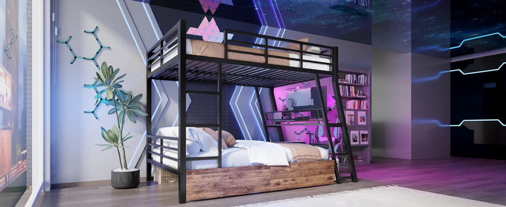 DESMIU Letto a Soppalco 2 Posti con 2 Cassetti, Scrivania, LED Regolabile e Scala 140 × 200 cm, Senza Materasso
