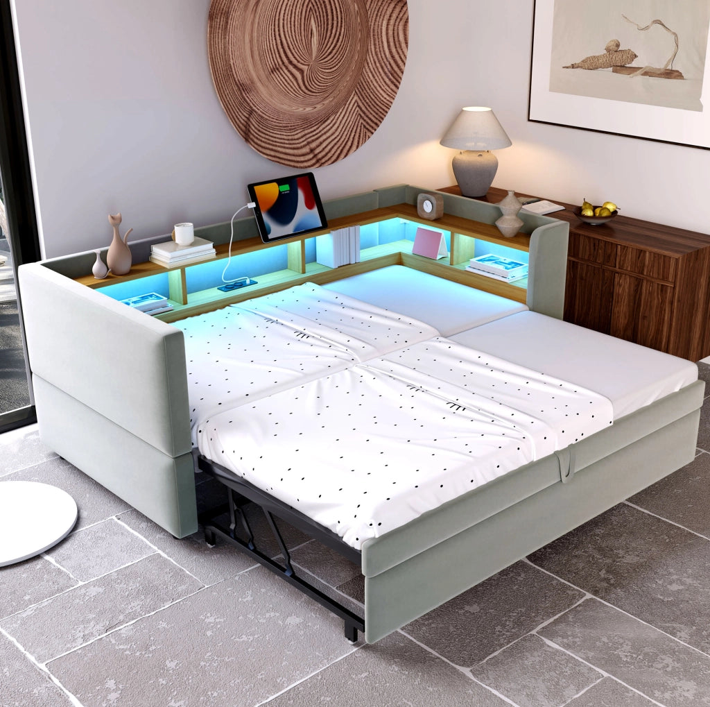 Divano letto estraibile 90/180x190 cm con LED; prese e vani portaoggetti; in flanella grigio chiaro