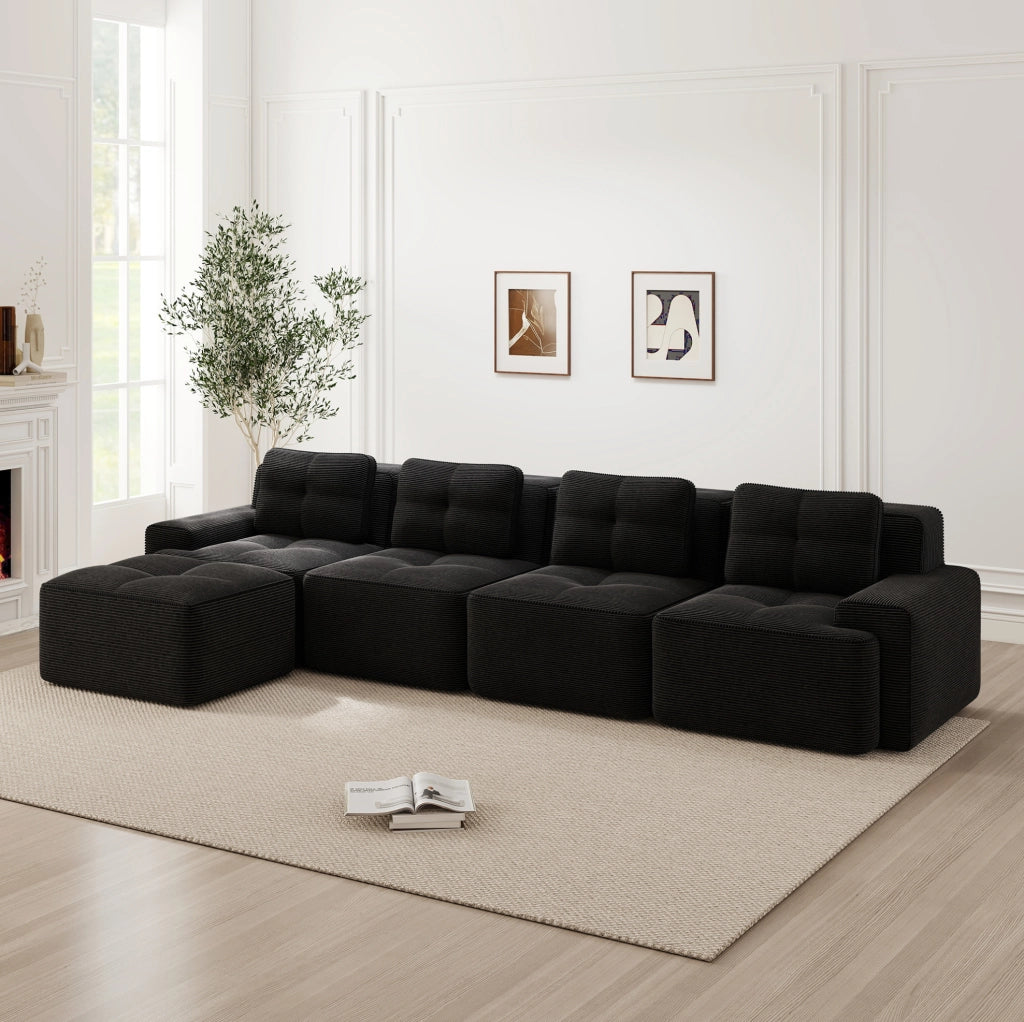 Divano modulare 4 posti in corduroy nero con seduta profonda 382x177x69 cm