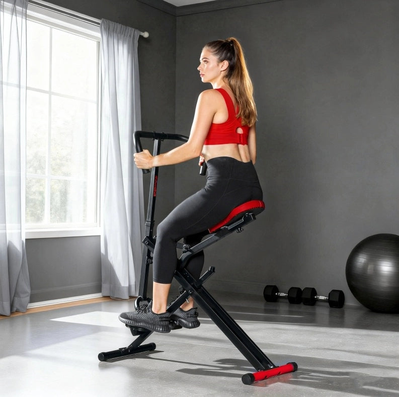 Macchina fitness total body ULEVR pieghevole con sedile regolabile e pedali antiscivolo, struttura in metallo rossa