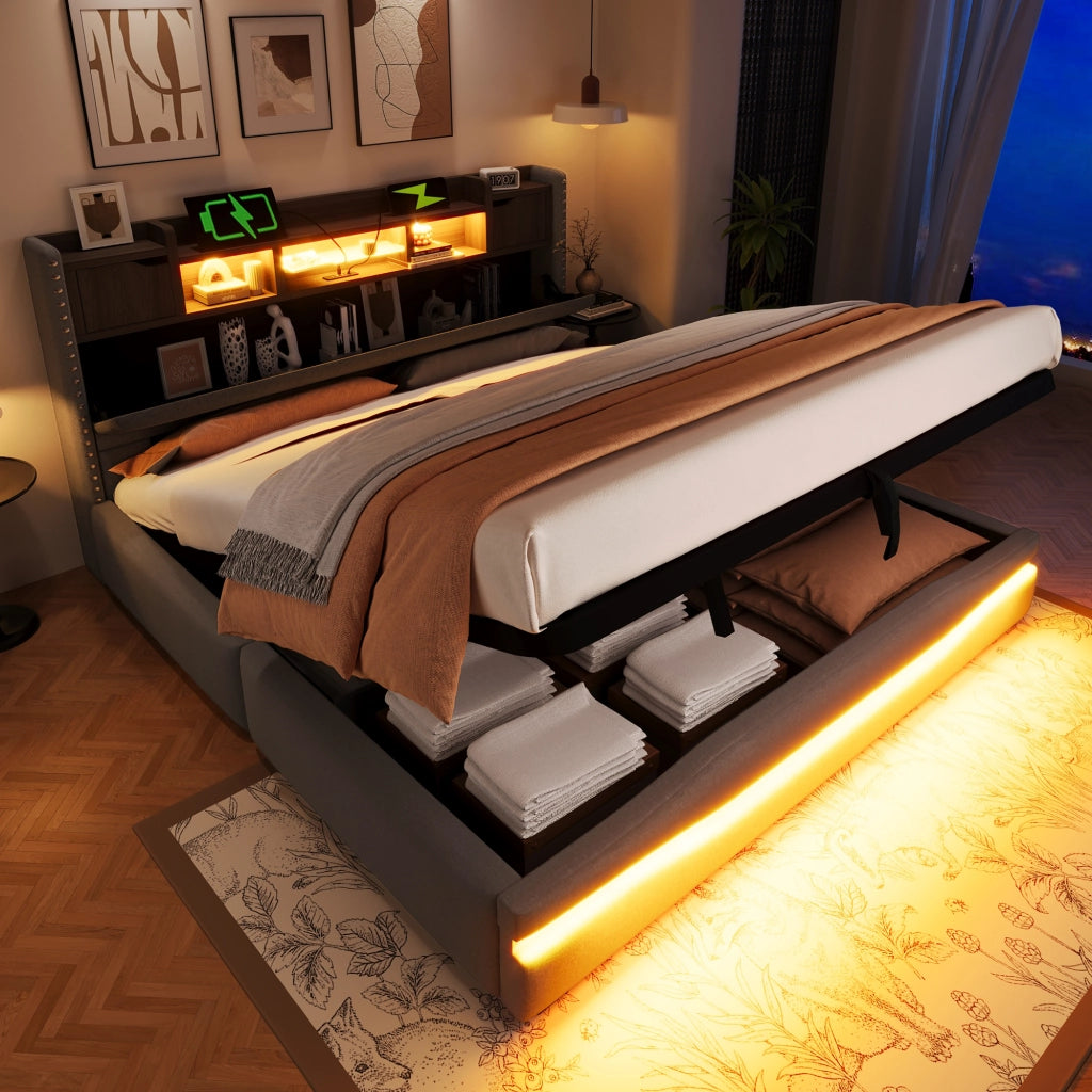 DESMIU Litto contenitore 180 × 200 cm 2 posti con vano idraulico, USB, Type-C e LED, senza materasso, grigio