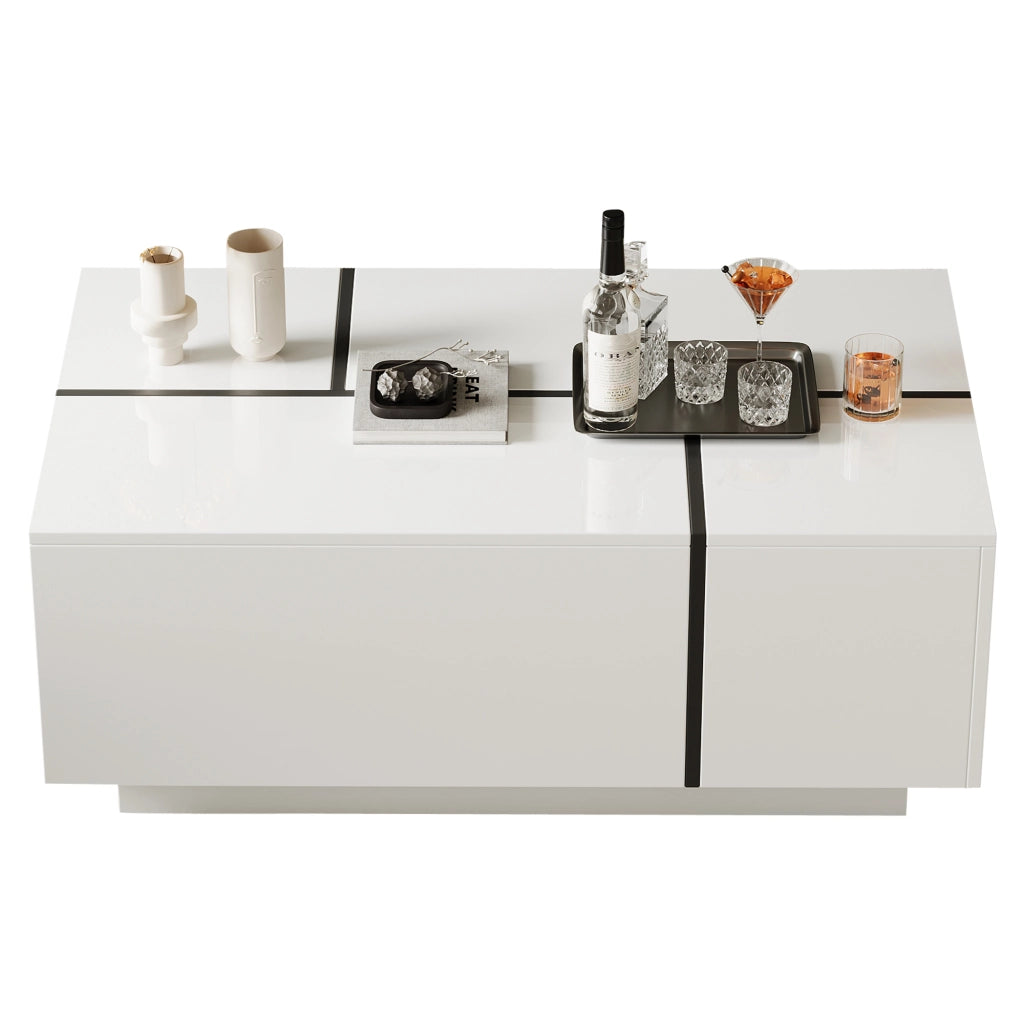 Tavolino da Salotto Quadrato con 4 Cassetti e Piano Scorrevole; Bianco Lucido; Stile Moderno; in Pannelli di Particelle; 100×60×40 cm; Bianco