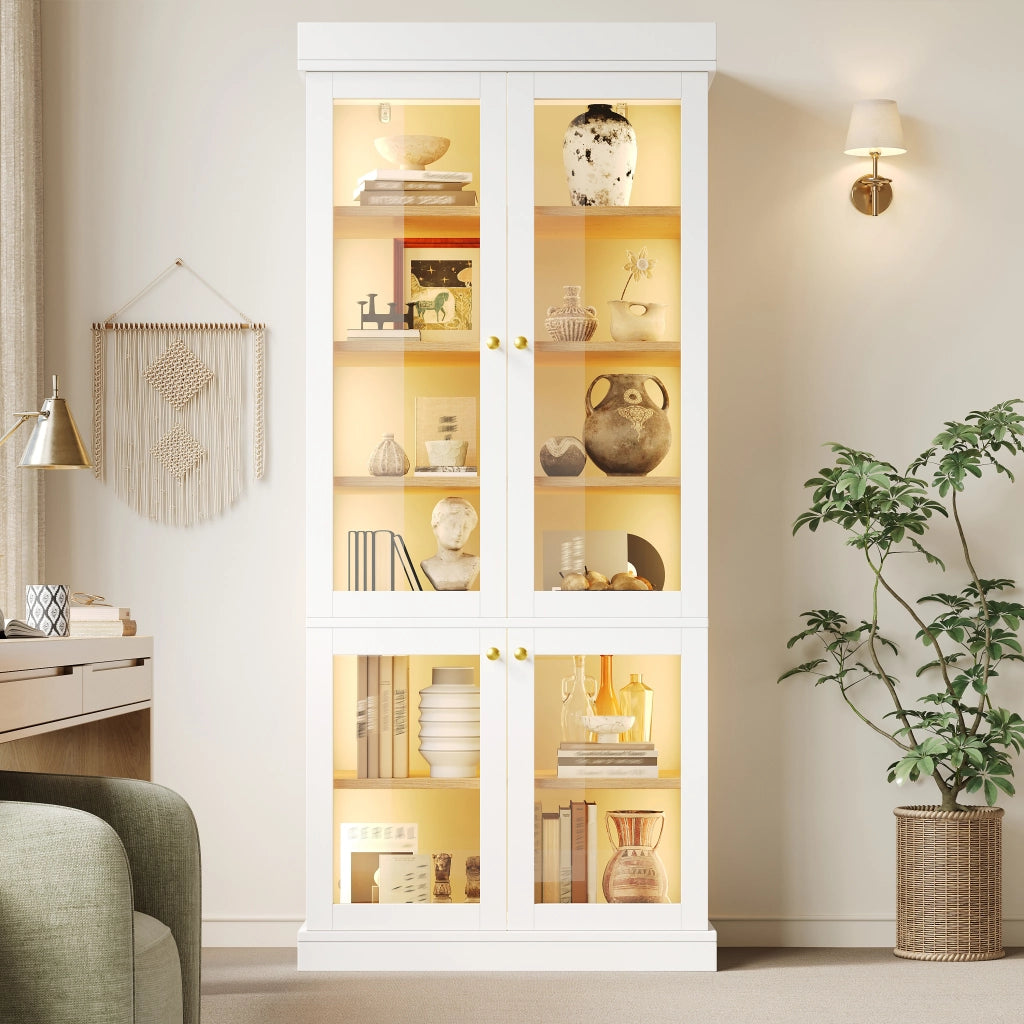 Armadio di stoccaggio con 2 sistemi antiribaltamento; illuminazione led; ripiani regolabili e ante in vetro per soggiorno; 80 × 40 × 180 cm