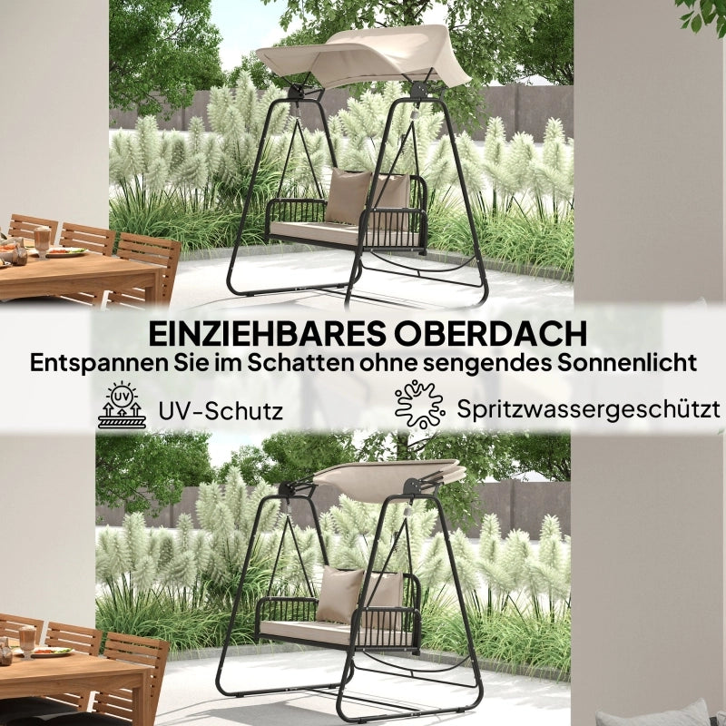 Altalena Hollywood a 2 posti con parasole regolabile in rattan per giardino e balcone color kaki