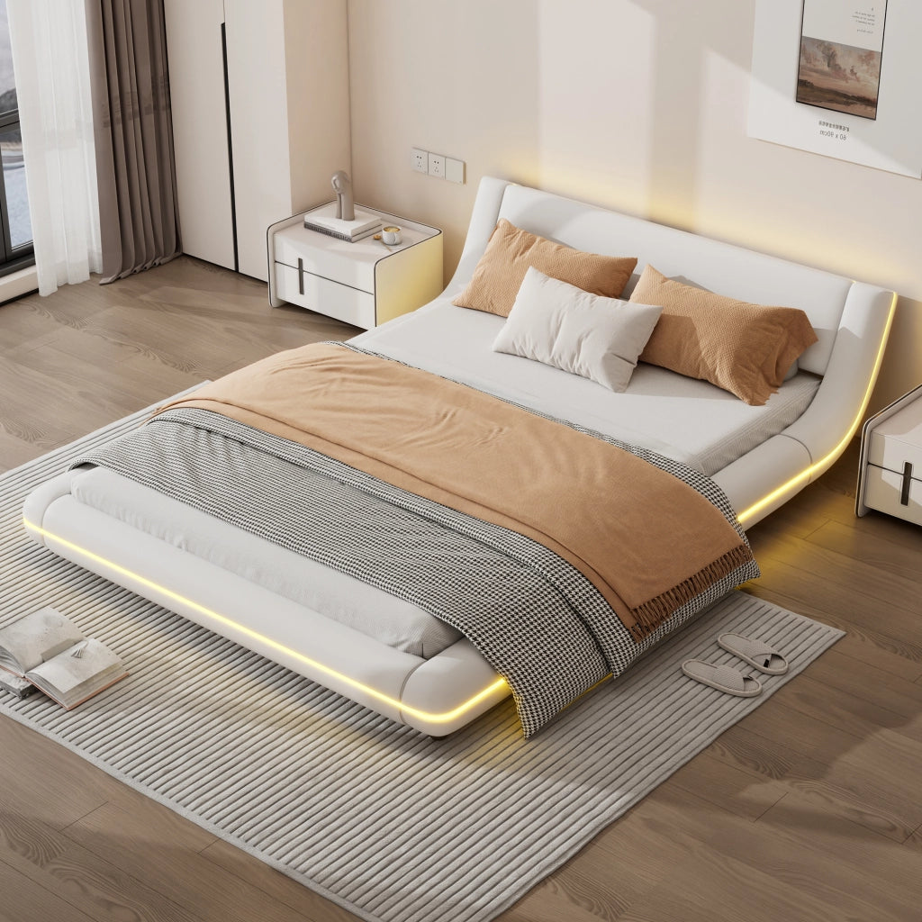 Letto a pavimento 140x200 cm con LED; in PU e MDF bianco