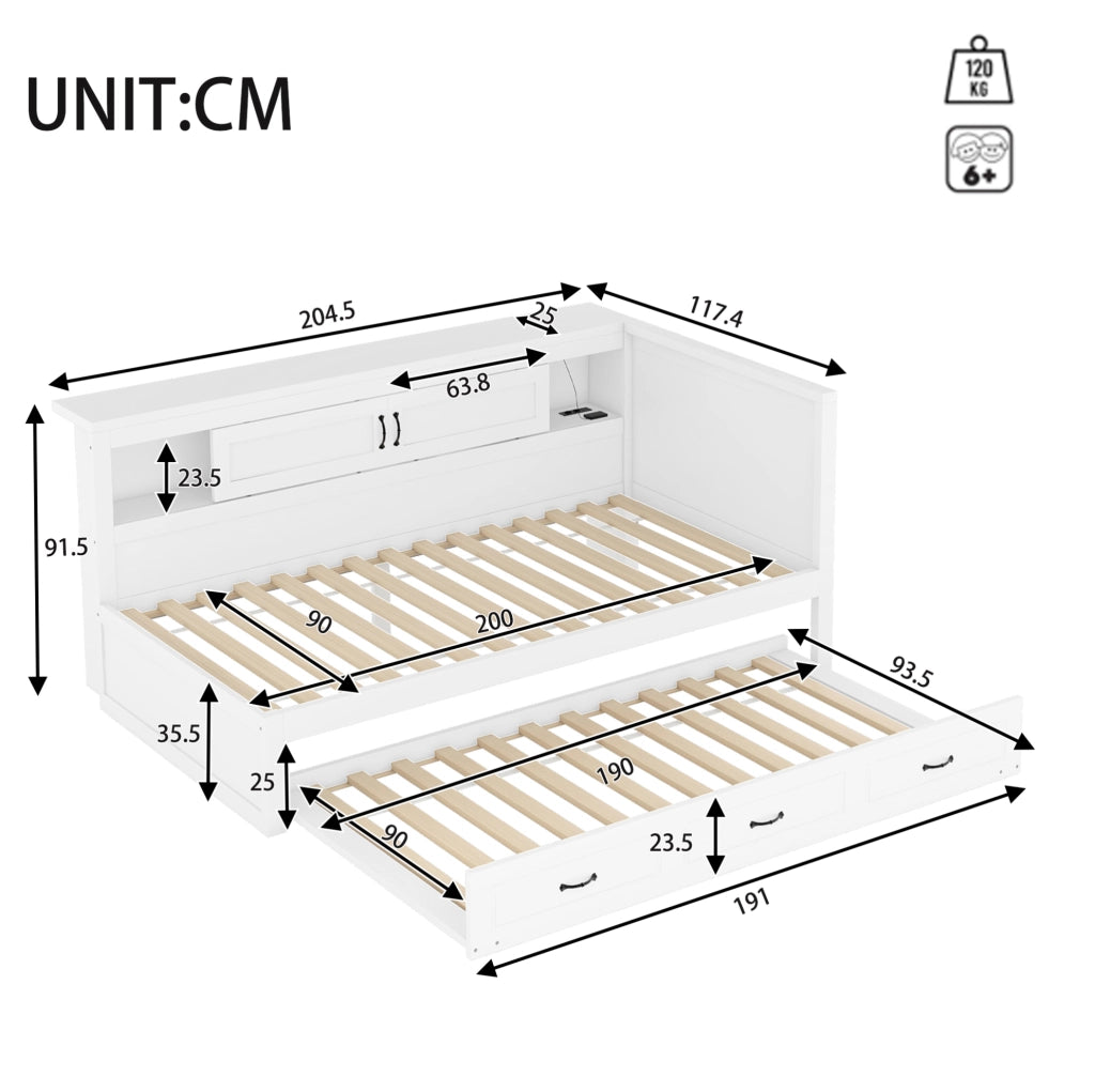 Divano letto 204.5x117.4x91.5 cm con letto estraibile; pannelli truciolari e MDF; bianco