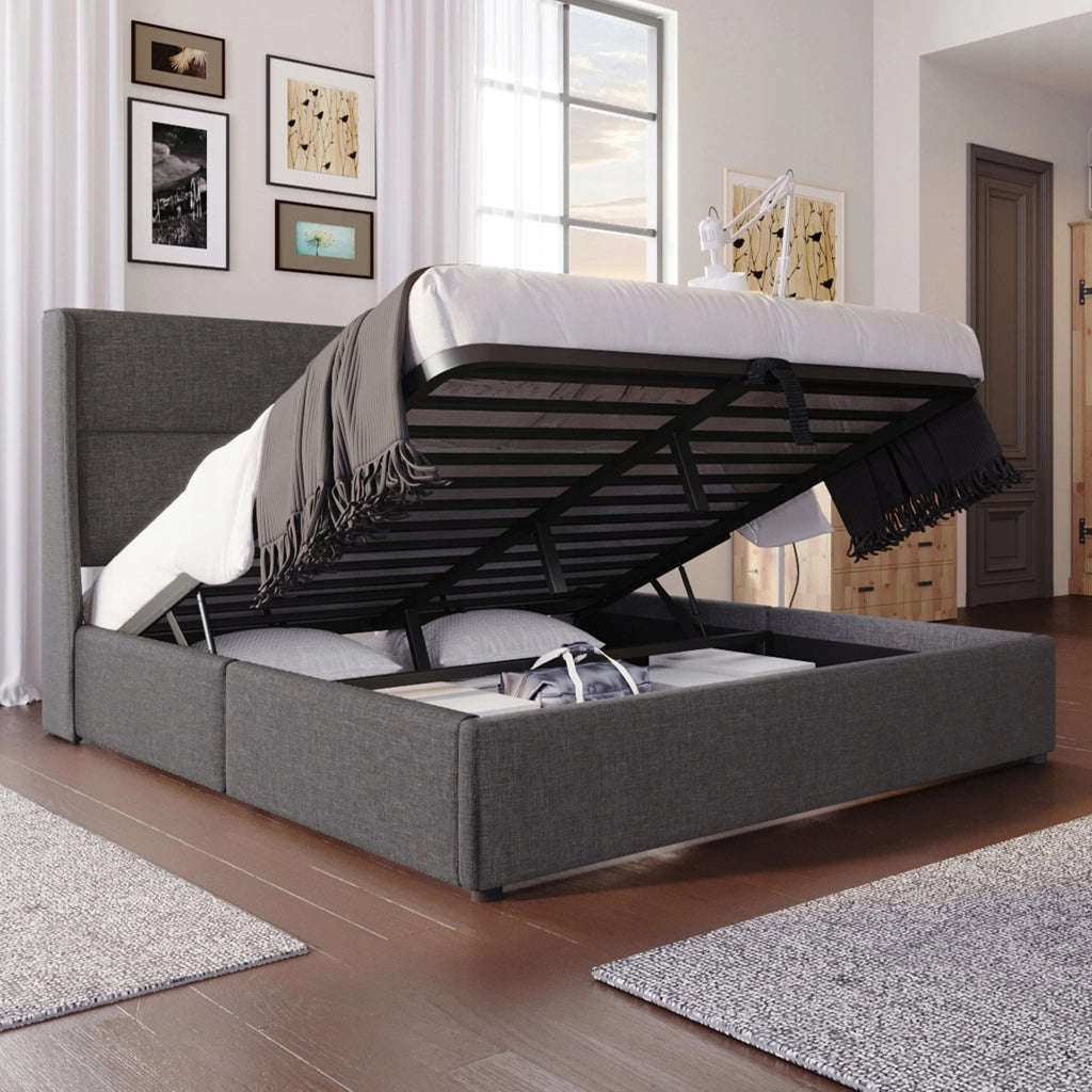 Letto imbottito - Xylo - 140x200 - Grigio - Stelaio idraulico