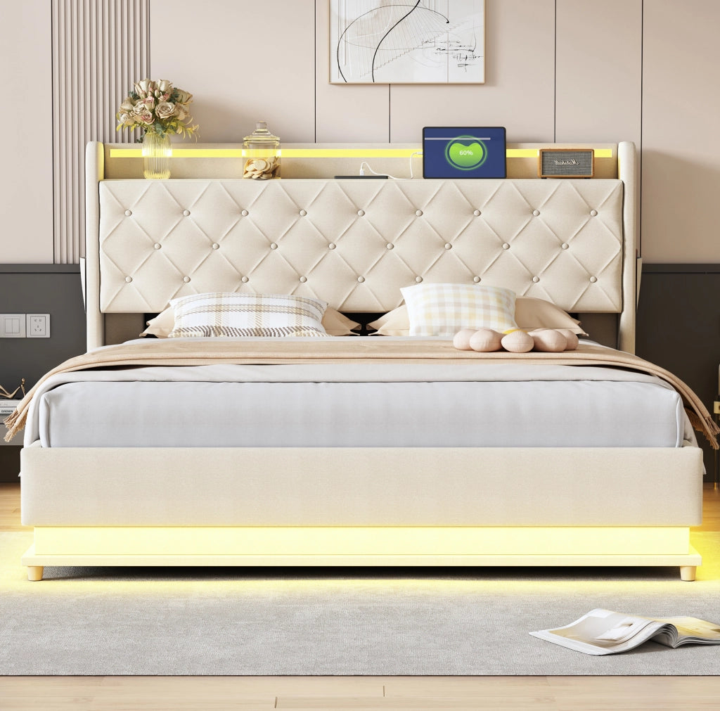 Letto imbottito 160x200 cm LED con USB e contenitore; tessuto e metallo beige