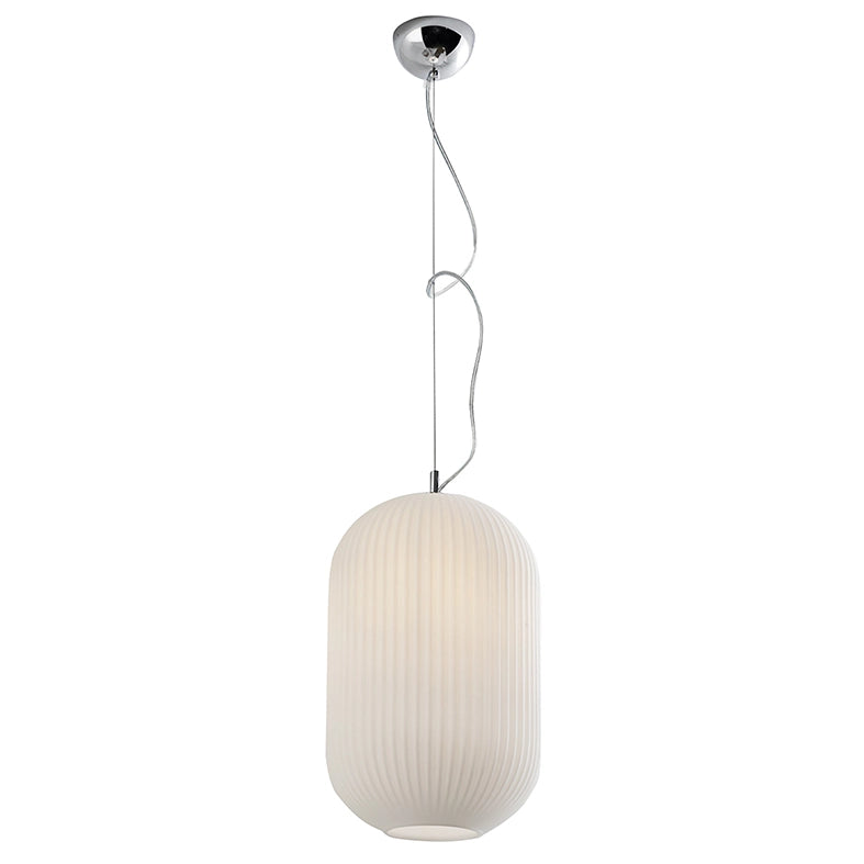 Lampada a Sospensione Rigadin in Cromo e Vetro Bianco Satinato 24cm, E27 IP20, Design Plissé Geometrico - Rossini Group