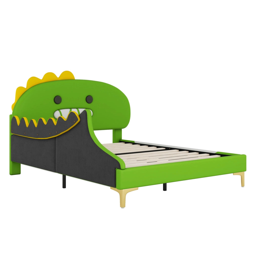 Letto per bambini 140x200 cm a forma di dinosauro; PU verde