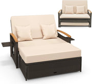 Set Divano da Giardino in Rattan, con Cuscino e Panca Contenitore, Divano Letto con Schienale Regolabile a 4 Livelli e Vassoi Laterali Estraibili, per Giardino Piscina Cortile